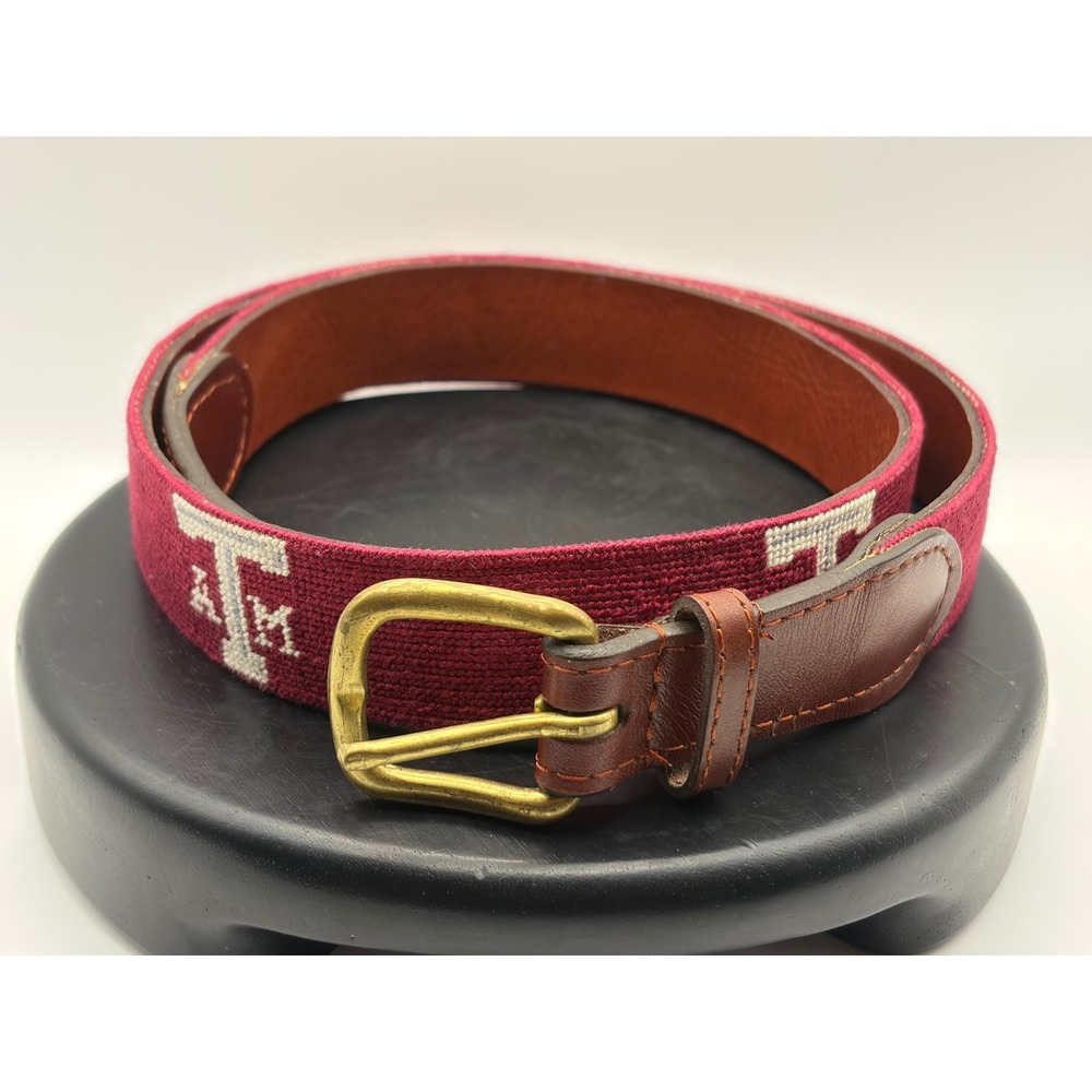 Smathers & Branson Texas A&M University Needlepoint Belt Maroon Leather Size 38